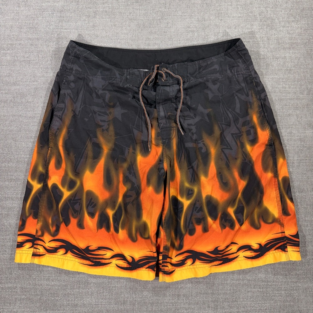 No Boundaries Board Shorts Mens 38 Black Orange Excellent Flame Tribal Y2K Surf